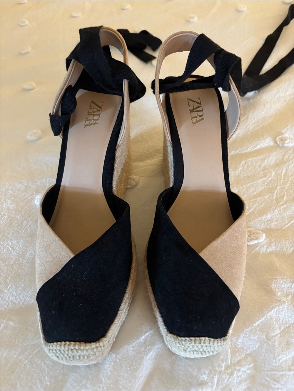 Zara Black and Beige Espadrille Wedge Sandals with Ankle Wrap